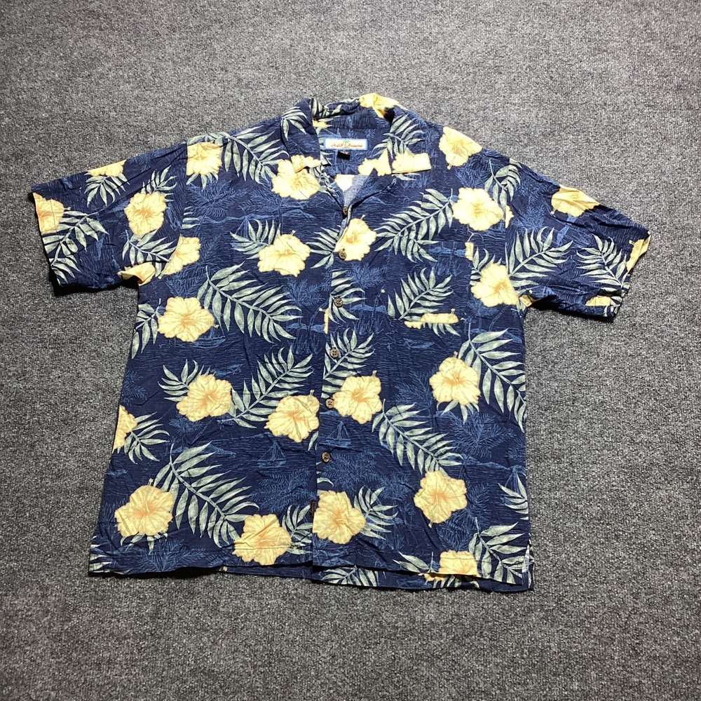 Vintage Tommy Bahama Shirt Adult Mens XL Blue Yellow 100% Silk Hawaii Flowers